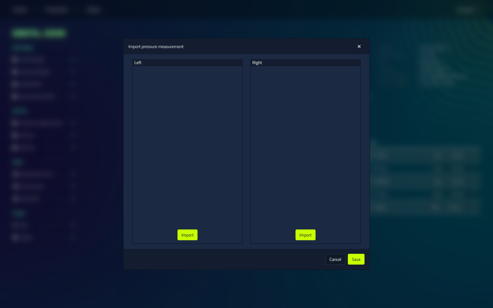 The Import pressure measurement dialog, with Left and Right panels each showing an Import button