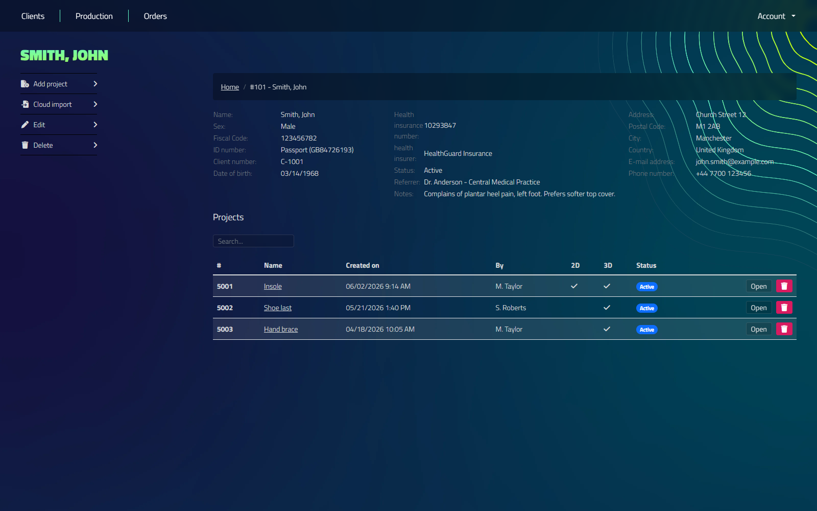 The client page for Smith, John, showing the client's details at the top, Edit and Delete buttons in the sidebar, and a table of the client's projects below