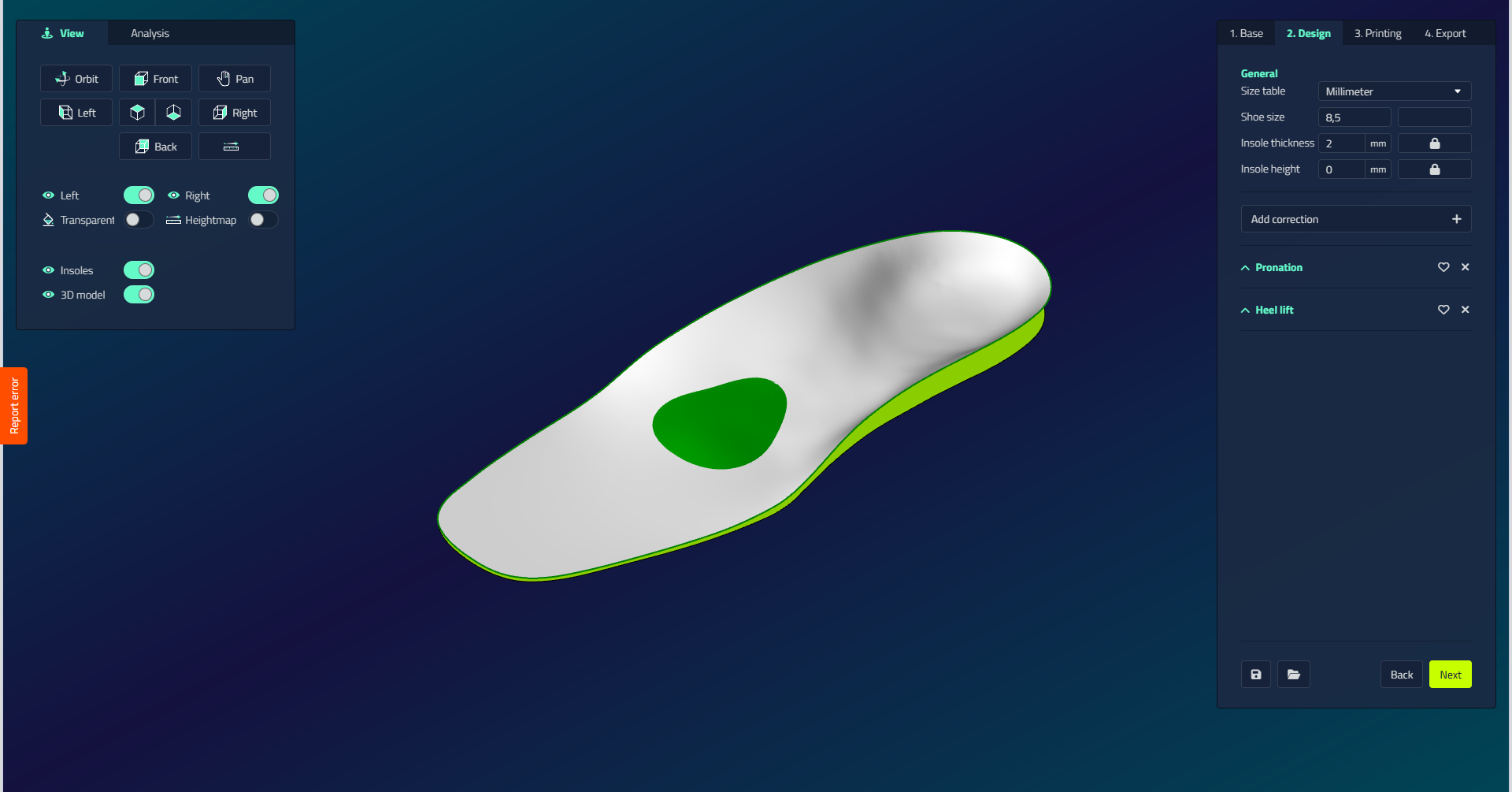 The design environment: the navigation panel top left, the 3D viewport in the centre, and the step-specific settings panel on the right