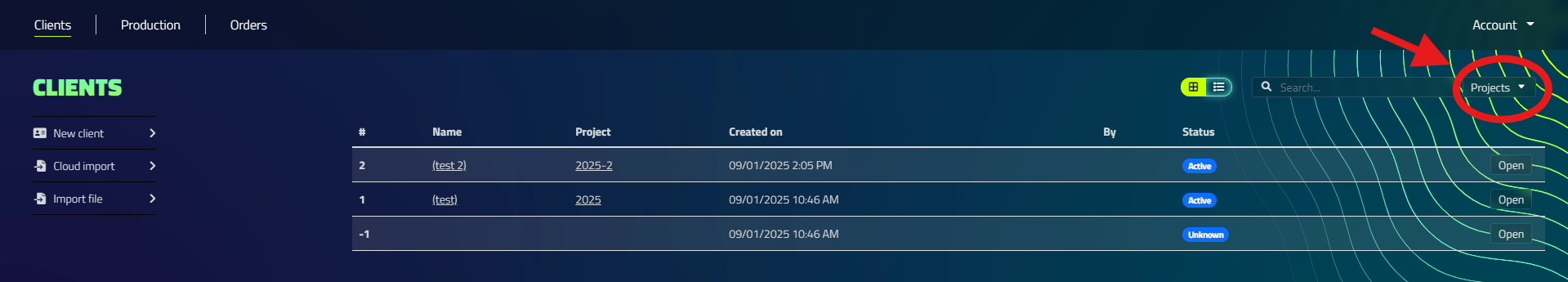 Search clients and projects