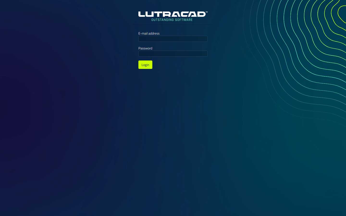 LutraCAD login screen with E-mail address and Password fields and a Login button