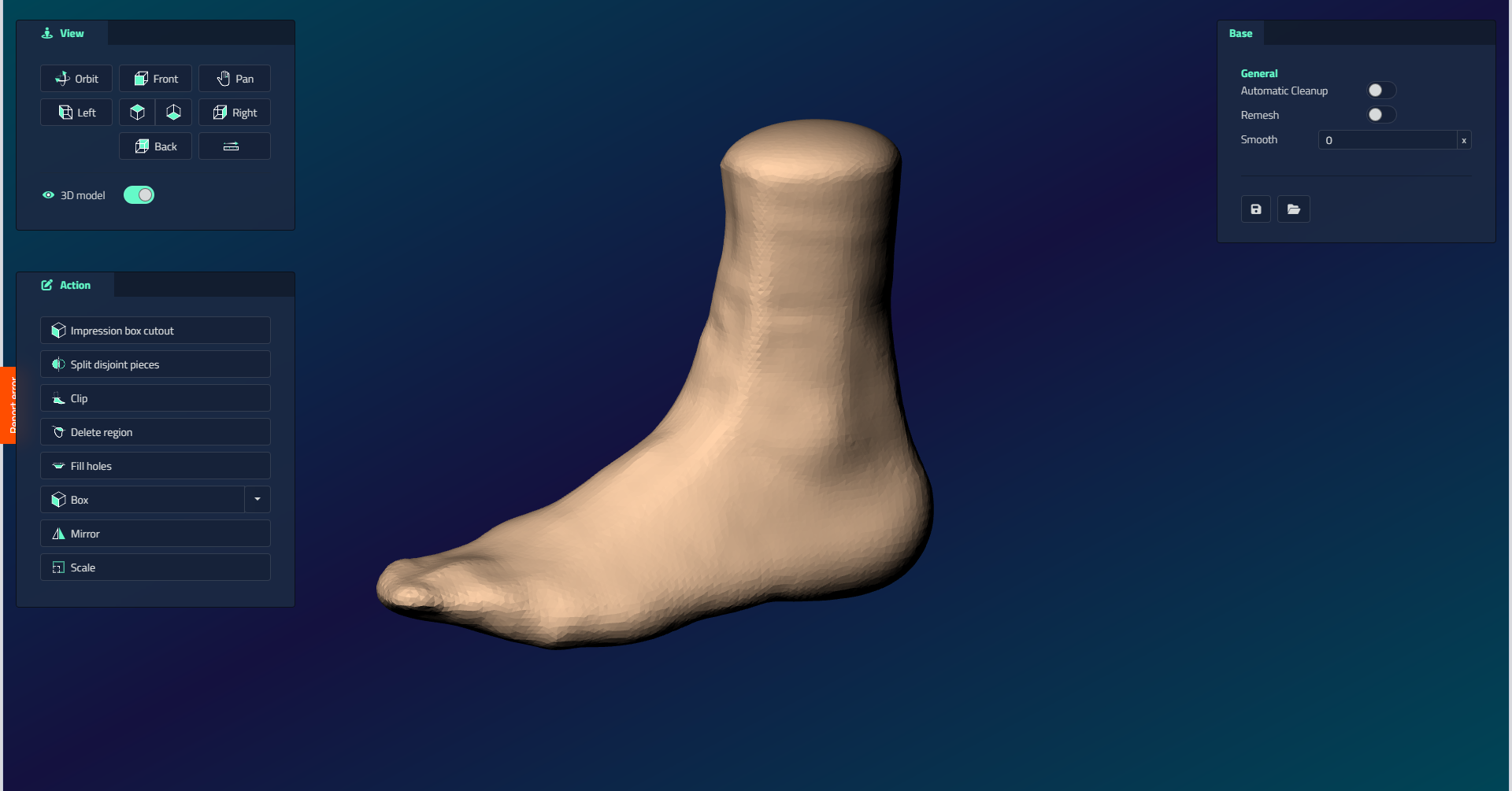 The repair screen, with View and Action tool panels on the left, the Base panel with Automatic Cleanup, Remesh, and Smooth options on the right, and a 3D foot scan in the center