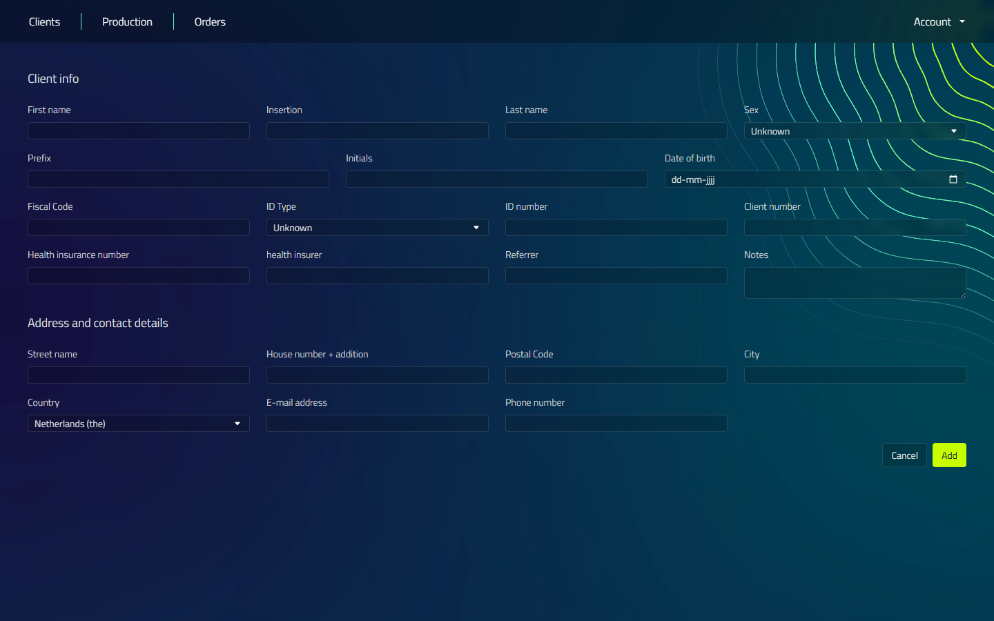 The extensive new client form, with Client info fields on the left and Address and contact details fields on the right, and Cancel and Add buttons at the bottom