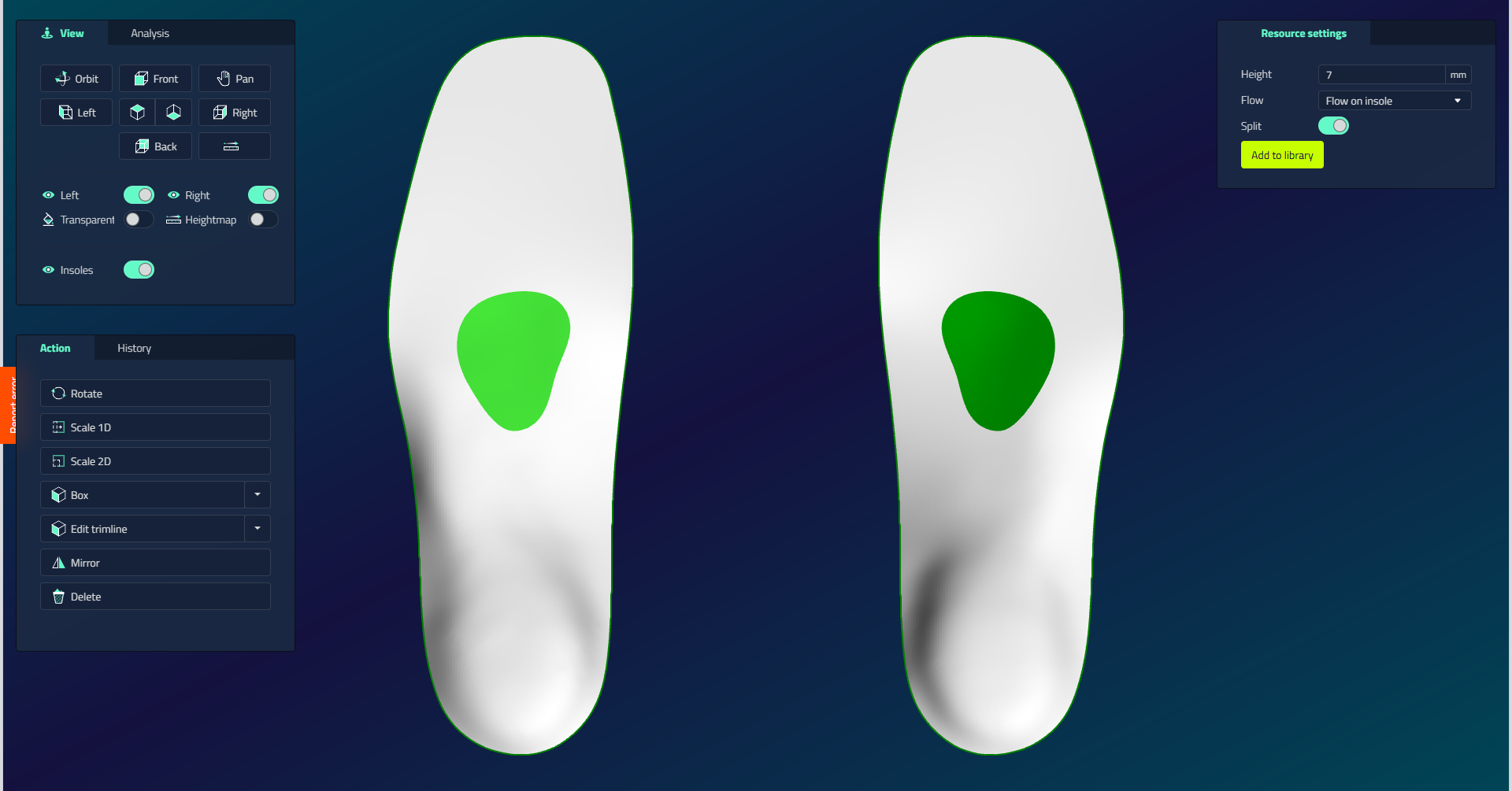 Action panel showing the actions available for a selected pattern, with the same set of actions repeated for its generated insole