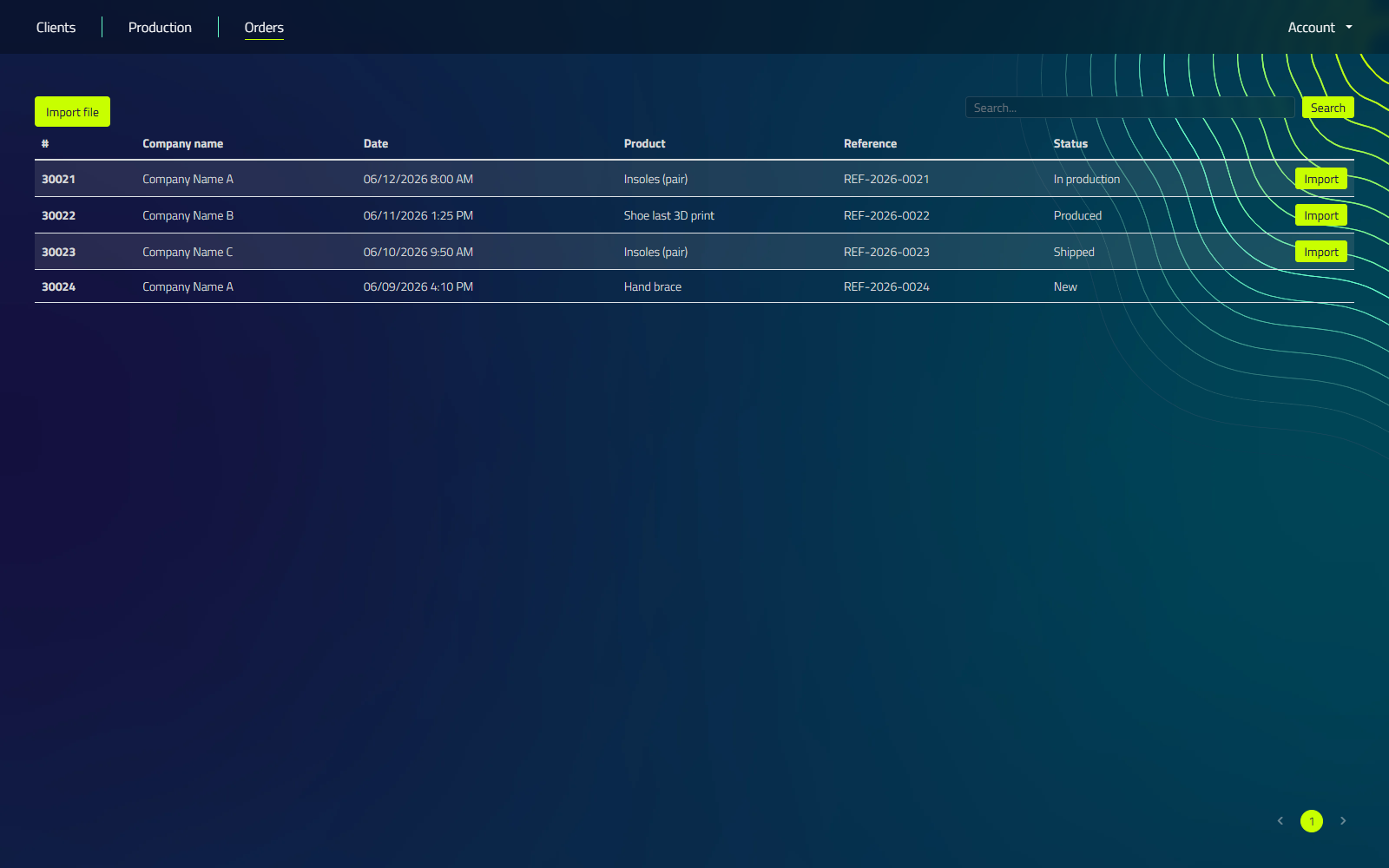 The Orders page showing the Import file button, search field, and a table of incoming orders with company name, date, product, reference, and status columns