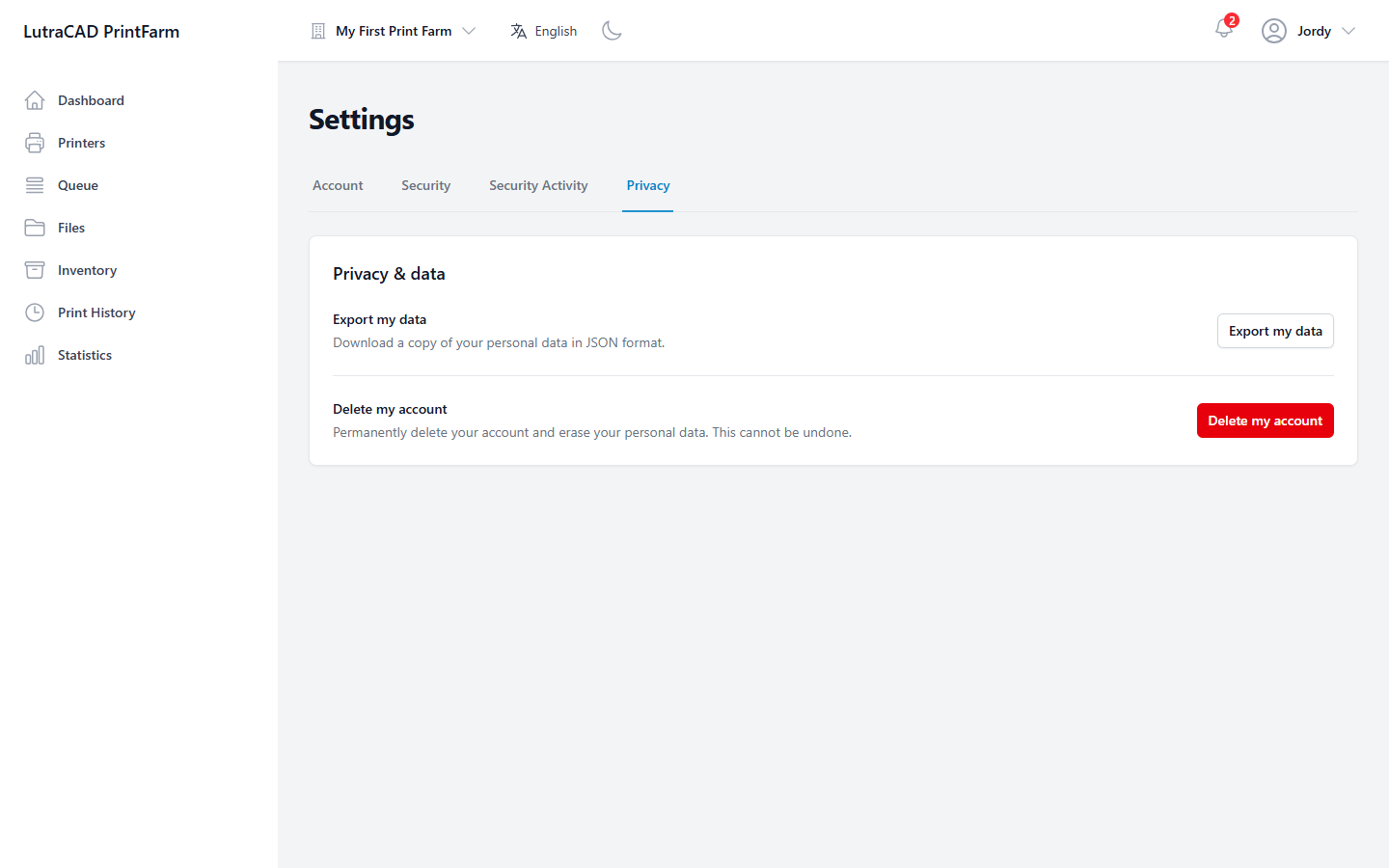 The Privacy & data tab, with the Export my data and Delete my account actions