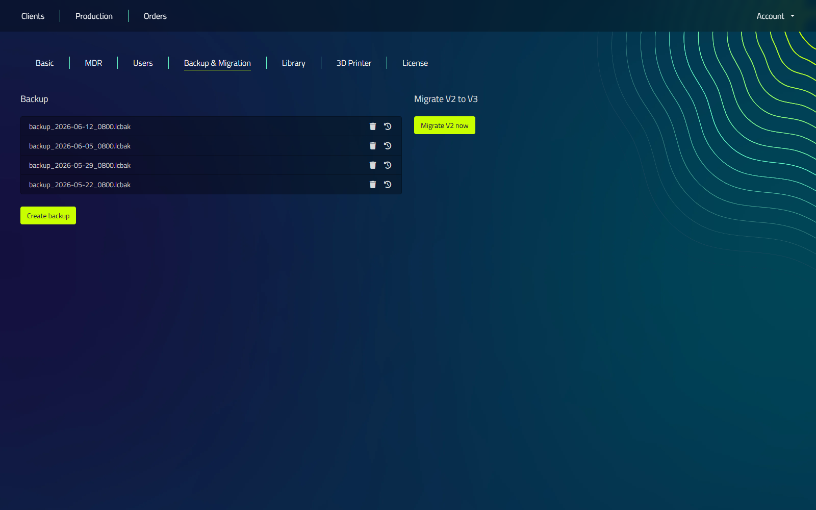 The Backup & Migration tab in Settings, listing existing backups with Restore and Delete icons, a Create backup button, and the Migrate V2 to V3 panel