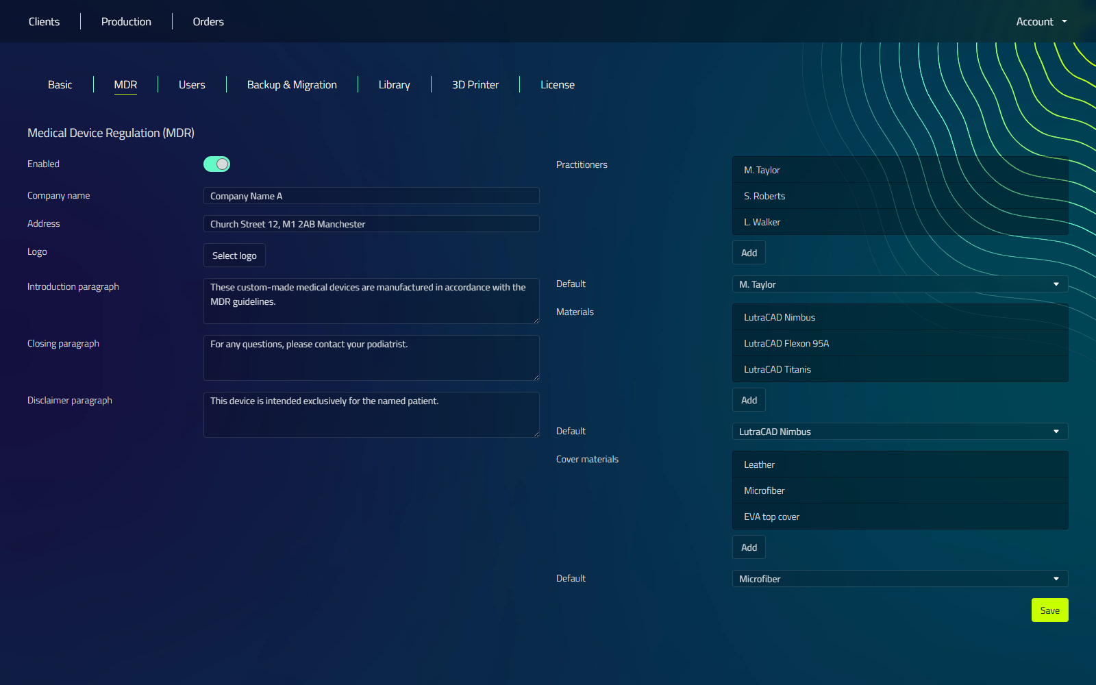 The MDR tab in Settings, showing company information fields alongside the Practitioners, Materials, and Cover materials lists with their Default dropdowns