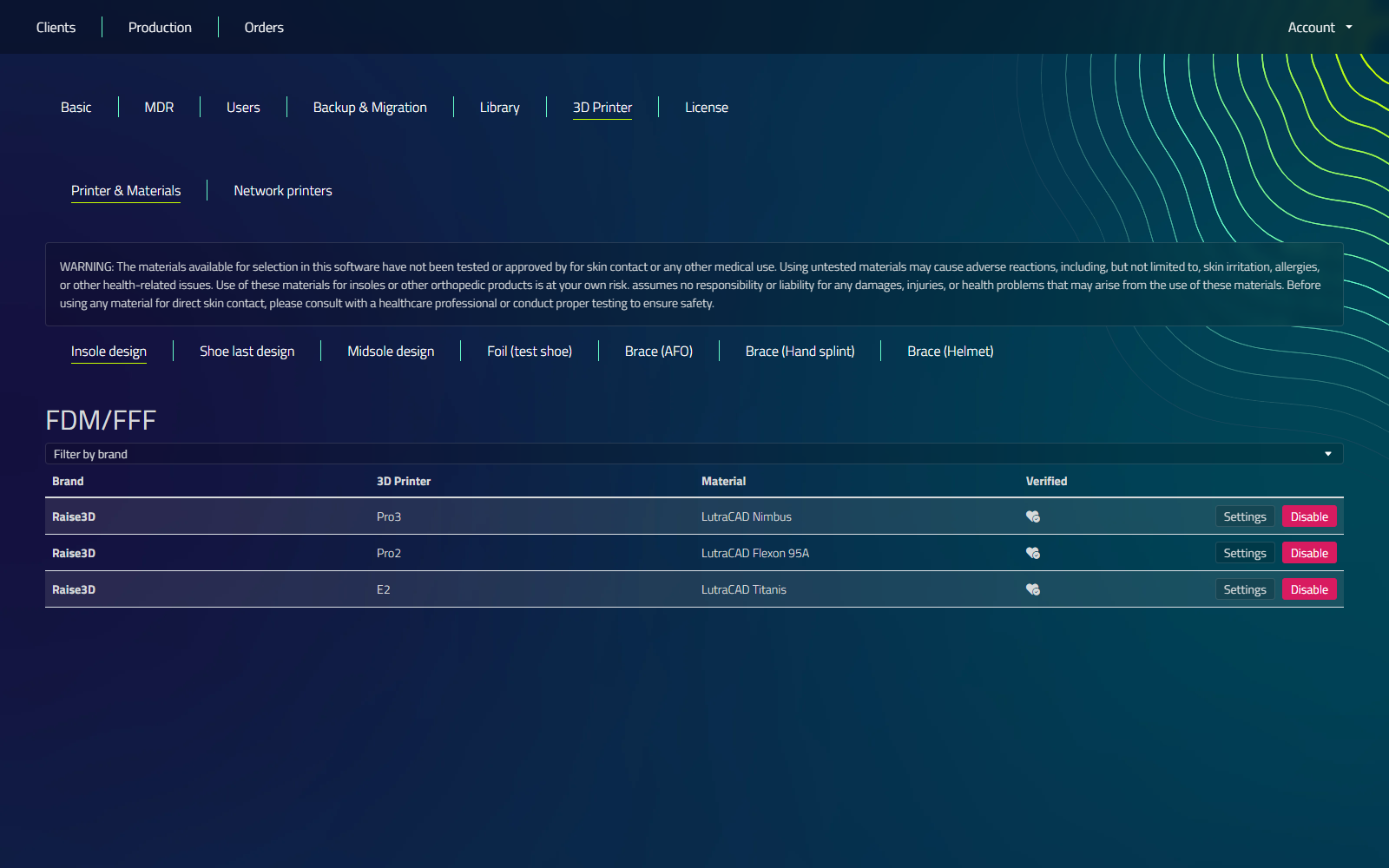 The Printer & Materials tab with the Insole design and FDM/FFF tabs selected, showing enabled printer and material rows with Settings and Disable buttons