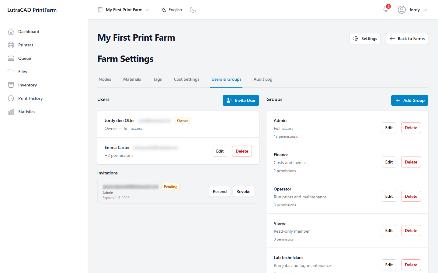 The Users & Groups tab, showing the farm's members, pending invitations and the groups with their permissions