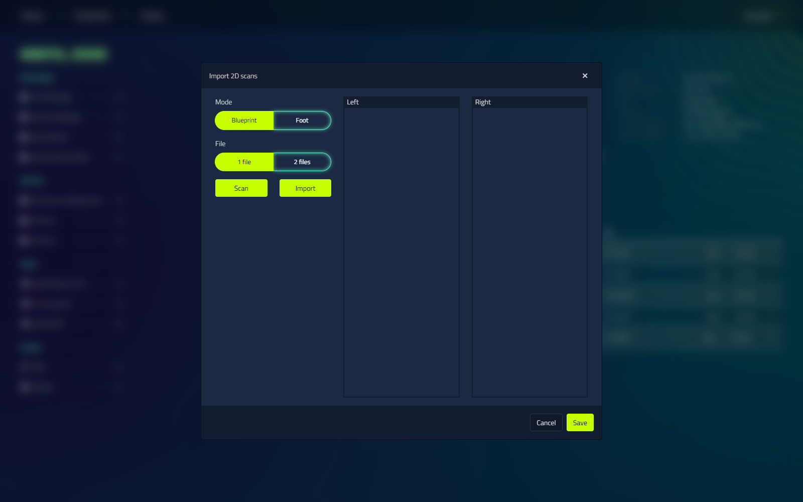 Der Import 2D-Scandialog mit Blueprint/Foot-Tasten und 1 File/2-Dateioptionen über dem linken und rechten Bildfeld