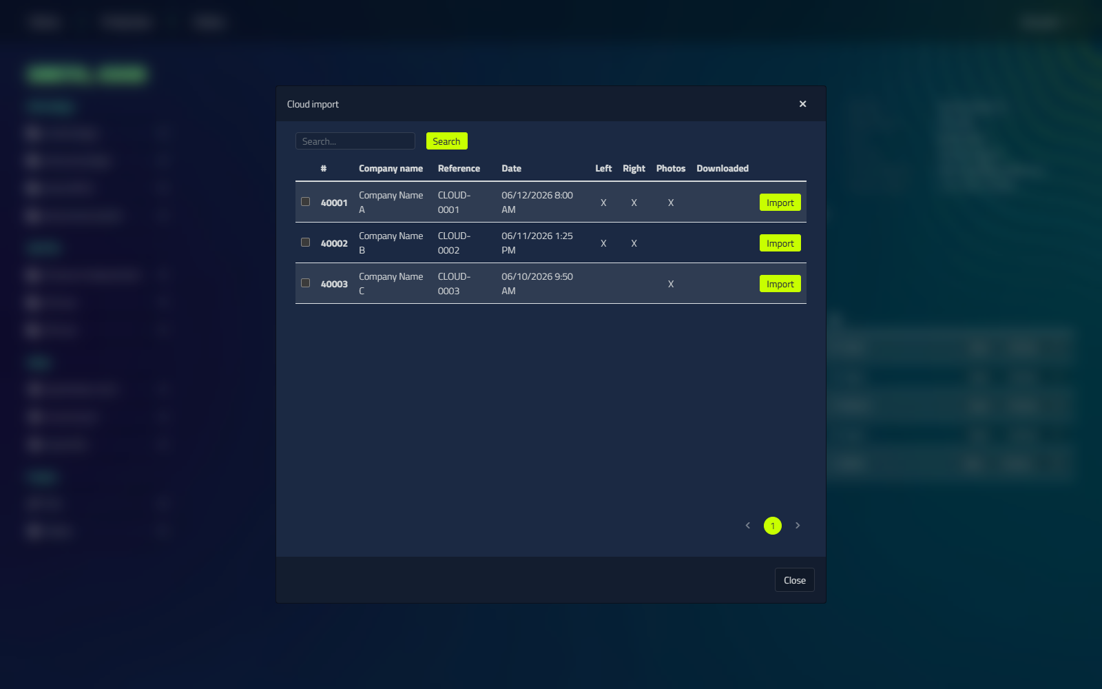 Der Cloud-Import-Dialog mit Scans, die mit der LutraCAD iPhone/iPad App aufgenommen wurden, mit Spalten für Firmenname, Referenz, Datum, Verfügbarkeit von Links/Rechts/Fotos und einer Importschaltfläche pro Zeile