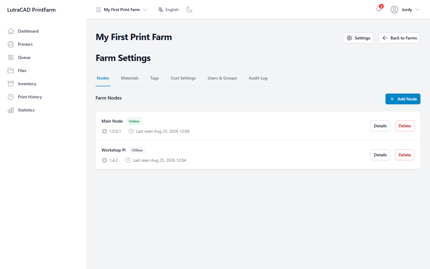 Die Registerkarte Nodes unter Farm-Einstellungen, die jeden Controller mit seinem Status, der Firmware-Version und der zuletzt gesehenen Zeit auflistet