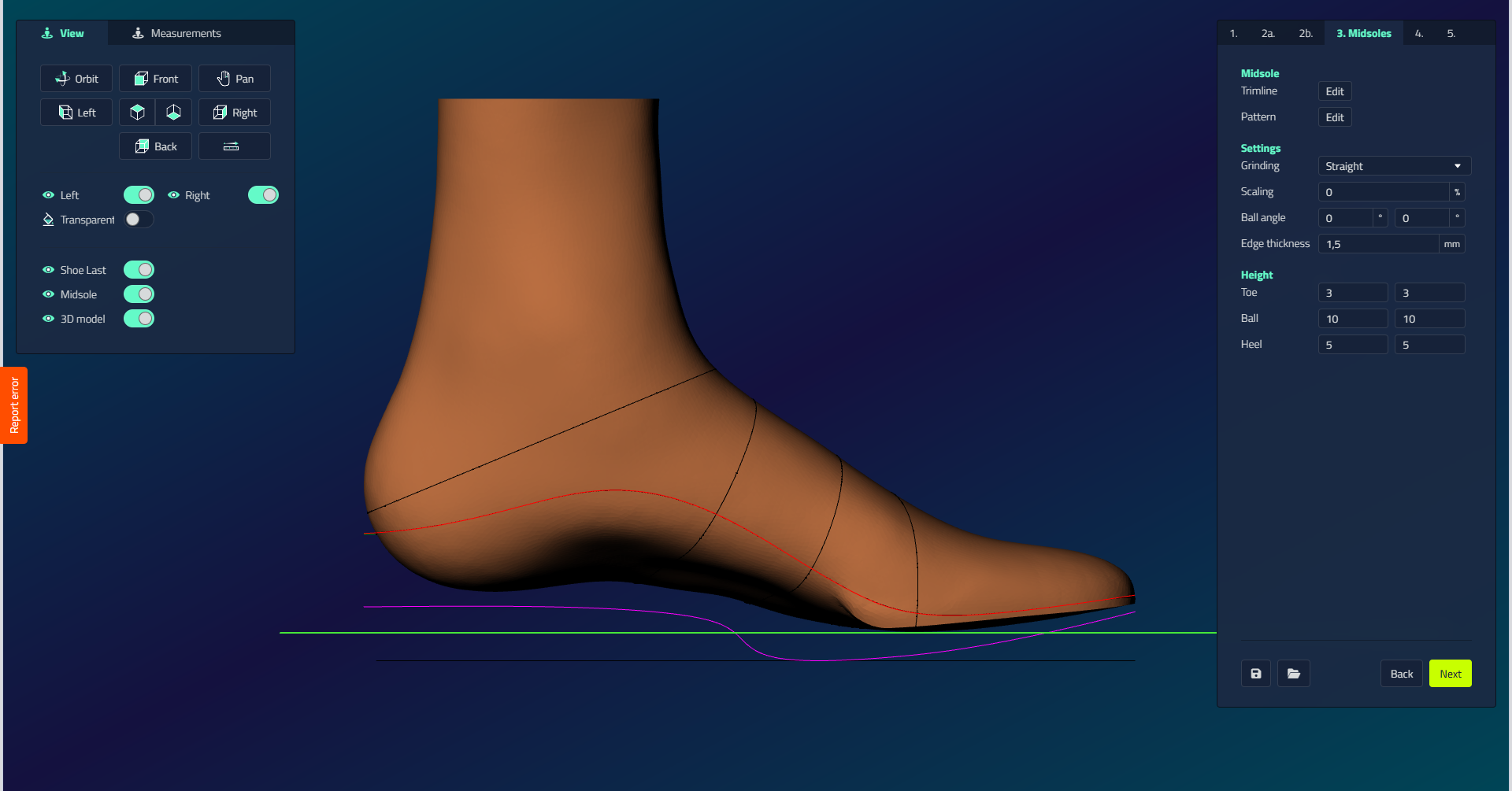 Die Zwischensohle-Verkleidungslinie (rot) und die Plantar-Designkurve (Magenta) in der letzten Seitenansicht, mit den Zwischensohle- und Höheneinstellungen rechts