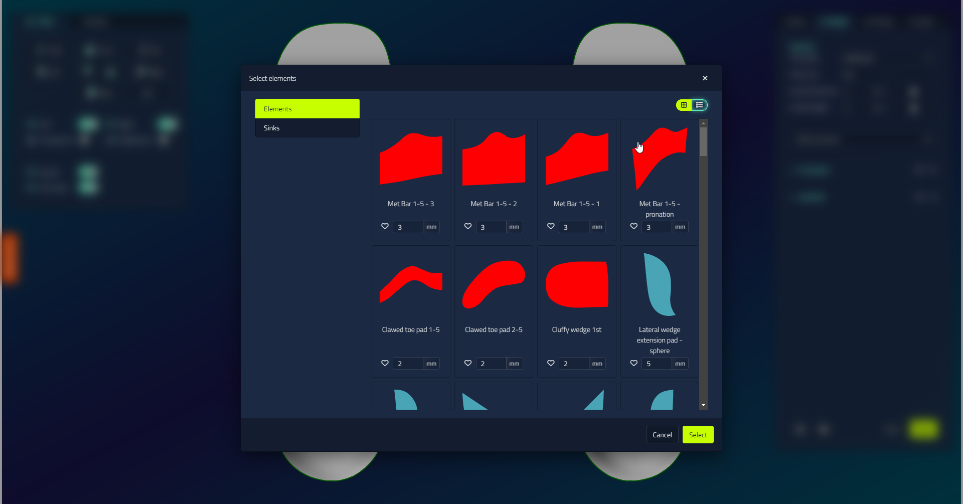 Der Dialog Elemente auswählen, mit den Registerkarten Elements und Sinks, einem Raster aus Pad- und Keilformen sowie einem Dickenfeld und Lieblingsherz unter jedem