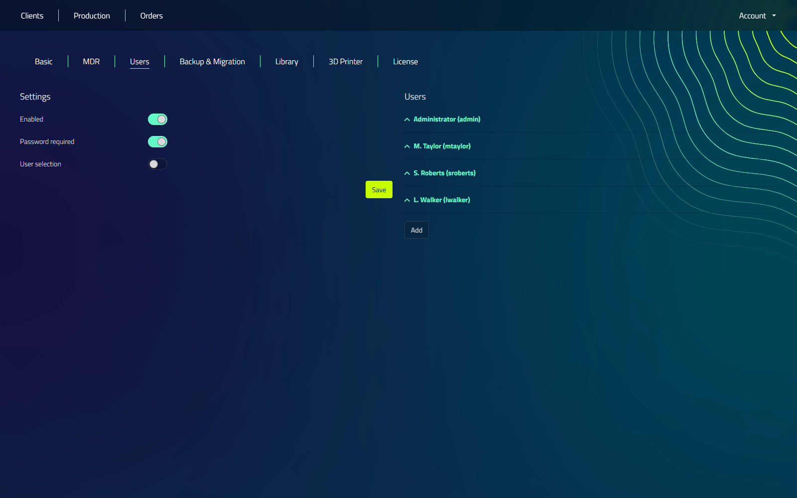 L'onglet Utilisateurs dans Paramètres, listing the Administrator and other user accounts with an Add button below