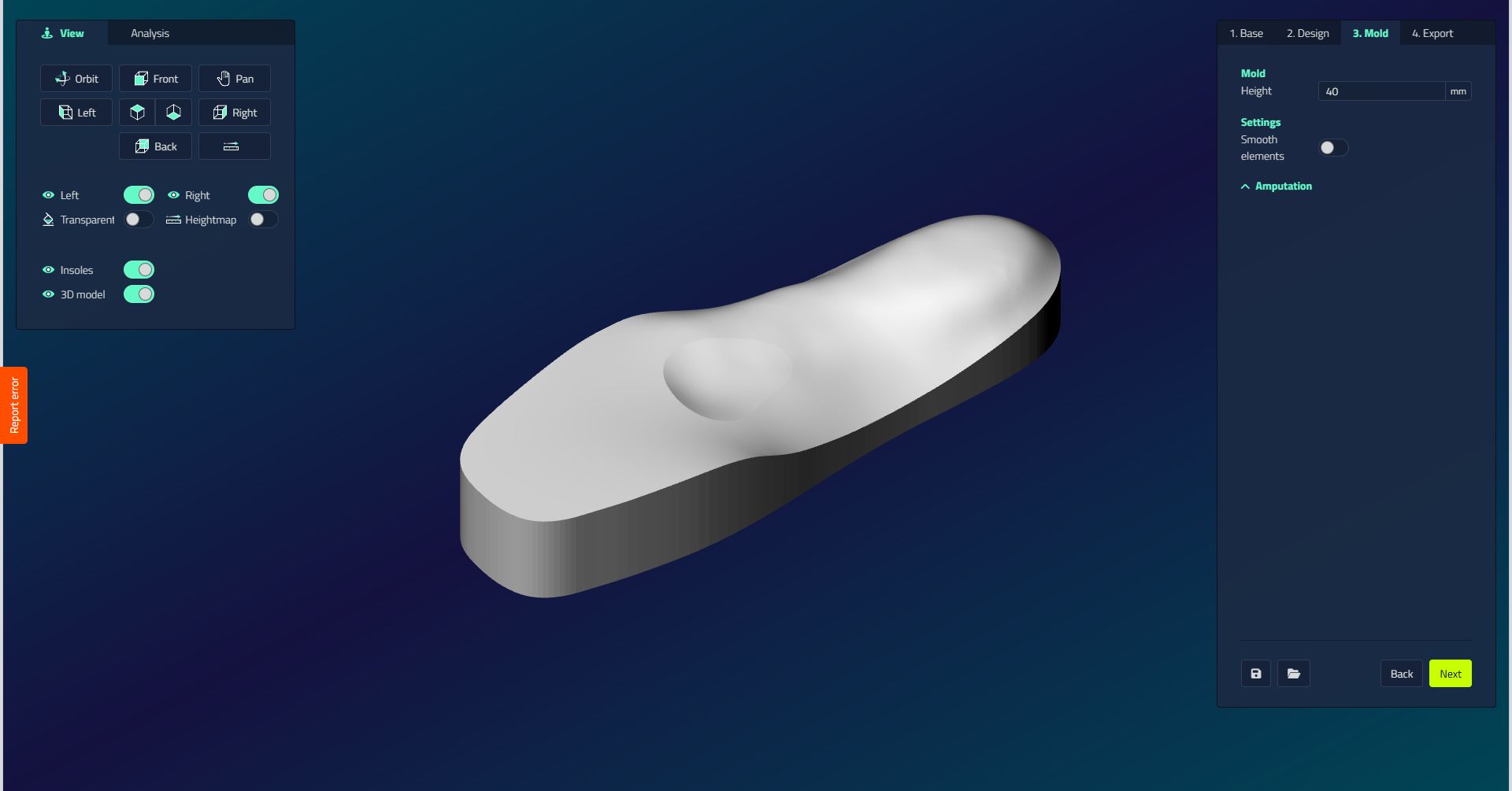 Un blocco di stampi positivo generato dal design plantare, mostrato nella vista 3D con i gruppi Mold e Impostazioni sulla destra
